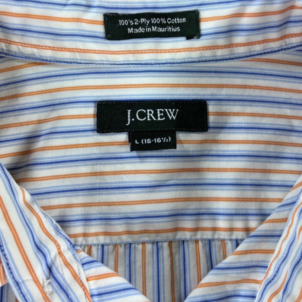 J.Crew Button Down Shirt Mens L Blue Orange Striped 2-Ply Cotton Long Sleeve
